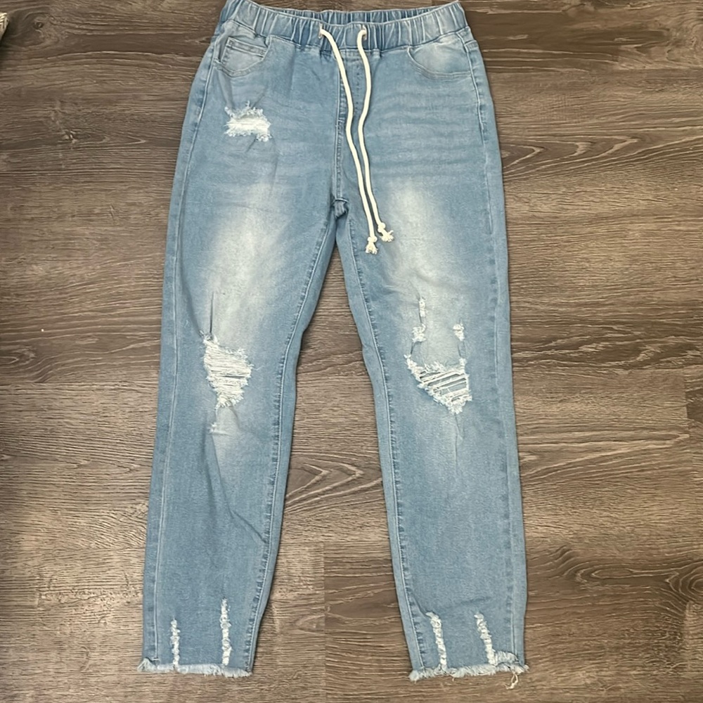 Women Pull-on Distressed Denim Joggers Elastic Waist Stretch Pants SZ 6
